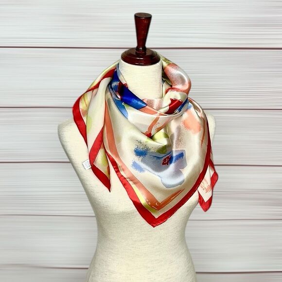 Silk Satin Square Scarf Floral Watercolor Print Hand Rolled Hand Printed 34x34” - Picture 8 of 12